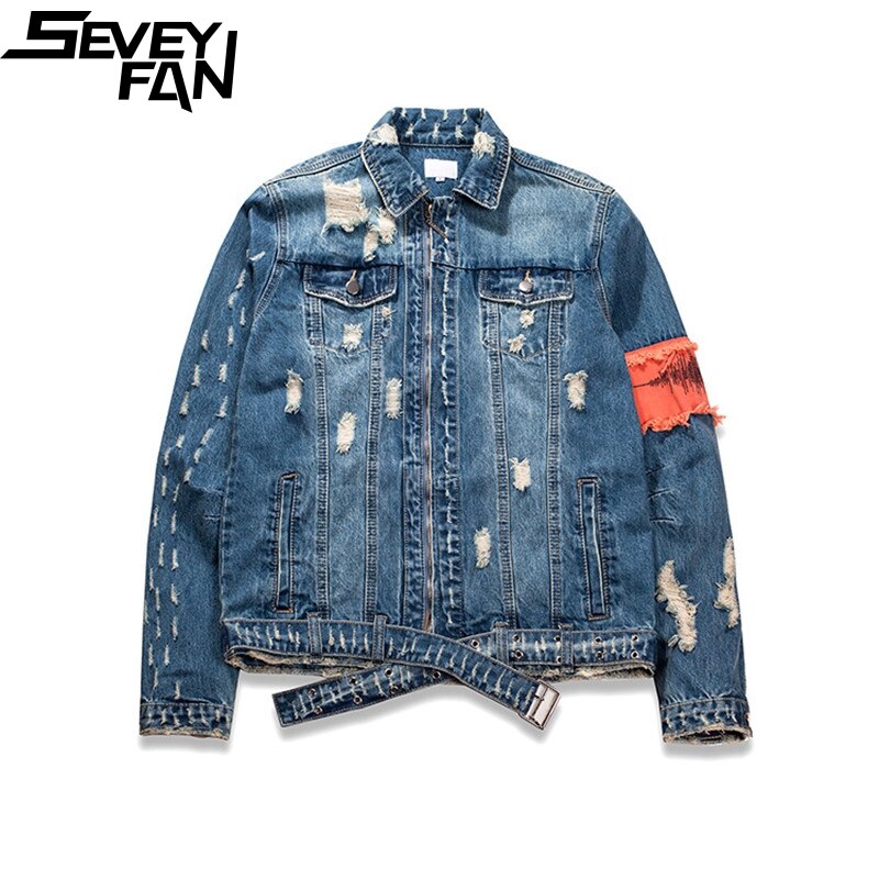 SEVEYFAN Hi Street Bergamot Embroidery Denim Jackets Men&#39;s Broken Hole Jean Coat Streetwear