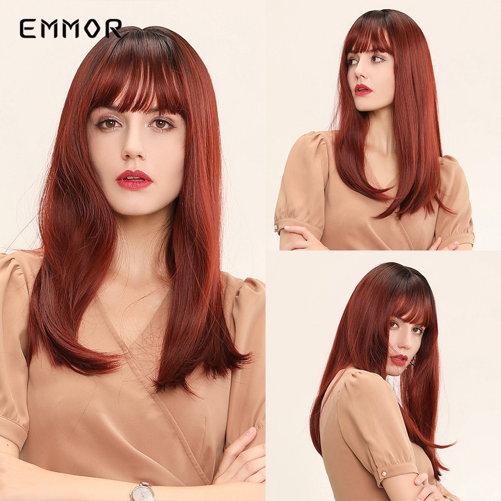 Emmor peruca cabelo sintético reto com preto natural, fibra de alta temperatura, vinho, vermelho, ombré, marrom, para mulheres