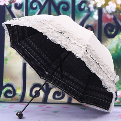 Vrouwen Prinses Dome/Vogelkooi Zon/Regen Opvouwbare Paraplu Voor Wedding Lace Trim Beige