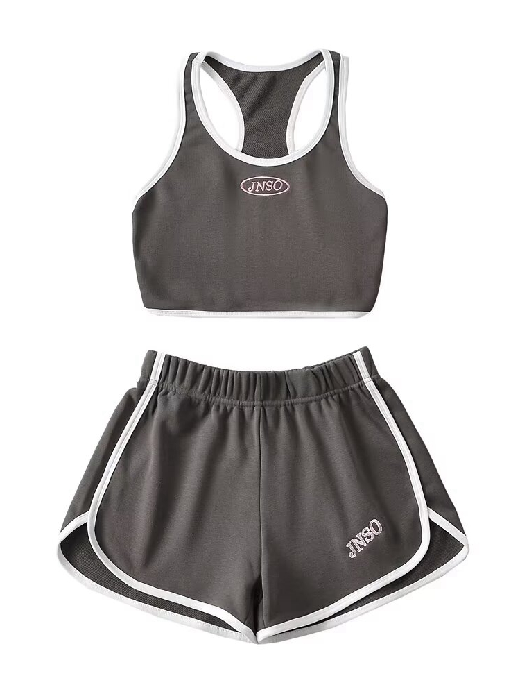 Tangada Tracksuits Two Piece Set White Tank and Shorts 2T83: S / Dark Grey
