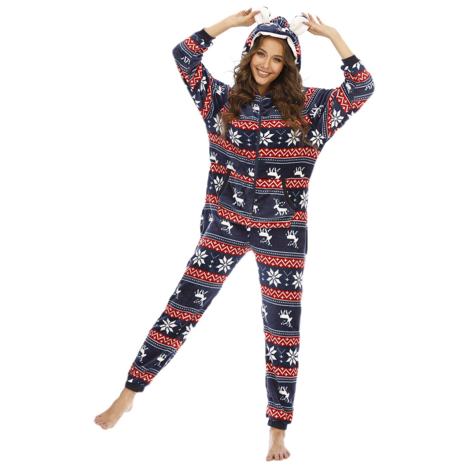 Pyjamas d'impression de noël femmes mignon body vêtements de nuit automne hiver flanelle polaire combinaison chaude vêtements de maison pour les femmes vêtements de nuit: Red / M