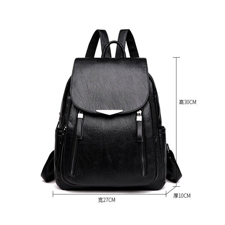 Classic Clamshell Double Zipper Women Backpacks Soft Pu Leather Bags for Women Shoulder Bags: Black