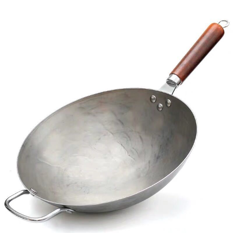 Rent jern ingen belægning non-stick wok hånd smedning jern pan kinesisk stil jern pot gaskomfur 36cm træ håndtag