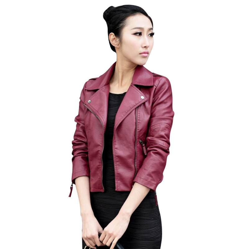 Women PU Leather Jacket Slim Zipper PU Leather Jacket Outwear: RED / L