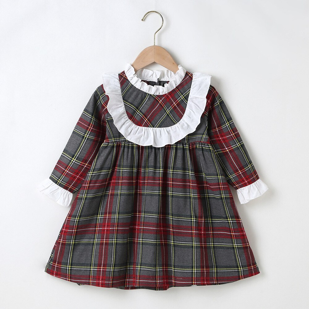 Wintermeisjesjurk meisjes schattige jurk lange mouw wit kant rood groen geruit schattig jurkje vestidos 18m-6t: 3-4t 110