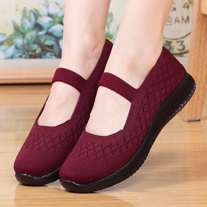 Moda antiderrapante sapatos de avó para mulher confortável verão malha mary jane sapatos mom plus size 41 cunhas femininas apartamentos mocassins: Vermelho rosé / 4.5