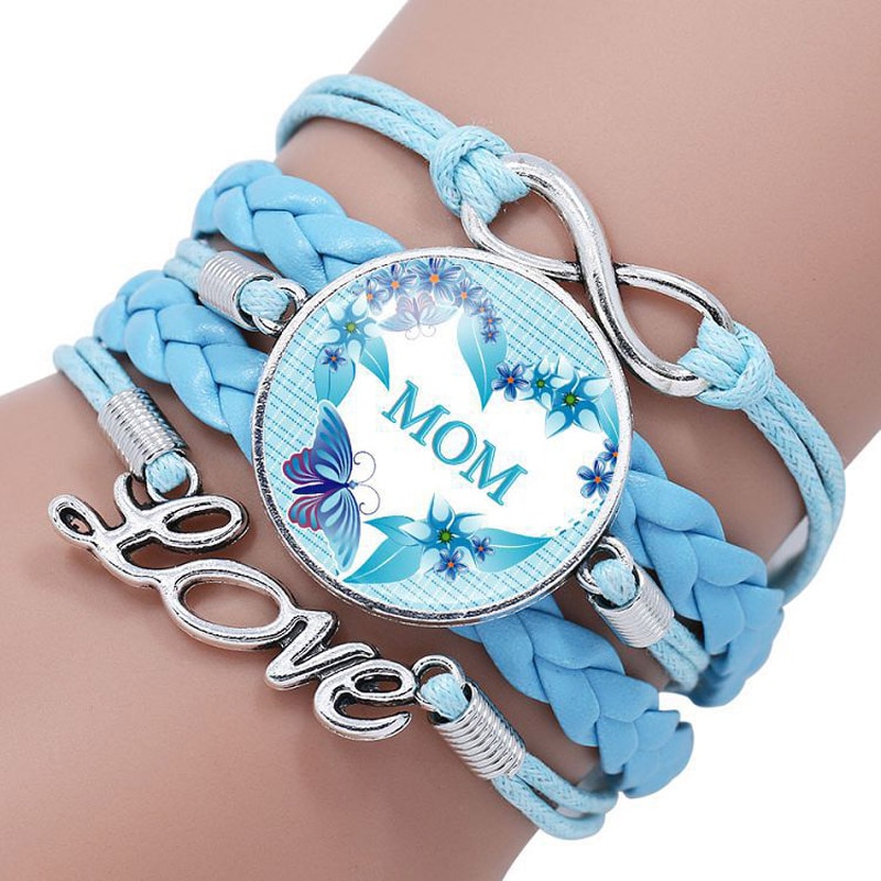 BEST MOM EVER bracelets For Women Letter Glass Cabochon Charm Braided Leather Rope Chains Bangle Mother Jewelry