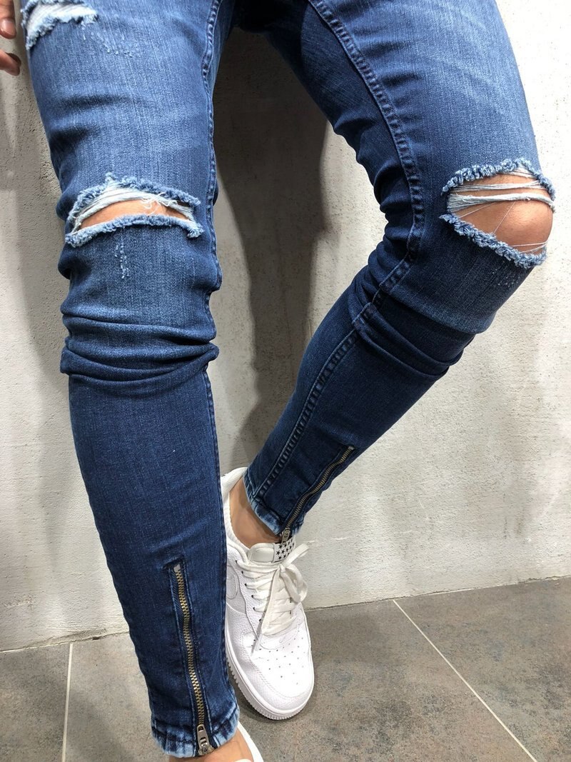 Men blue Knee Ripped Skinny Jeans Streetwear distressed Destroyed Slim Elastic cowboy Hip-hop Hole Joggers Denim pants