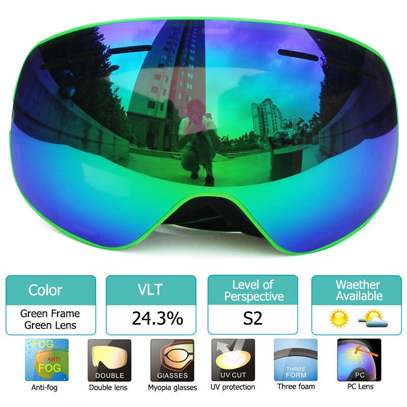 100% UV400 Bescherming Magnetische Ski Bril Lens Anti-Fog Snowboard Goggles Voor Mannen &amp; Vrouwen Skiën Bril: green