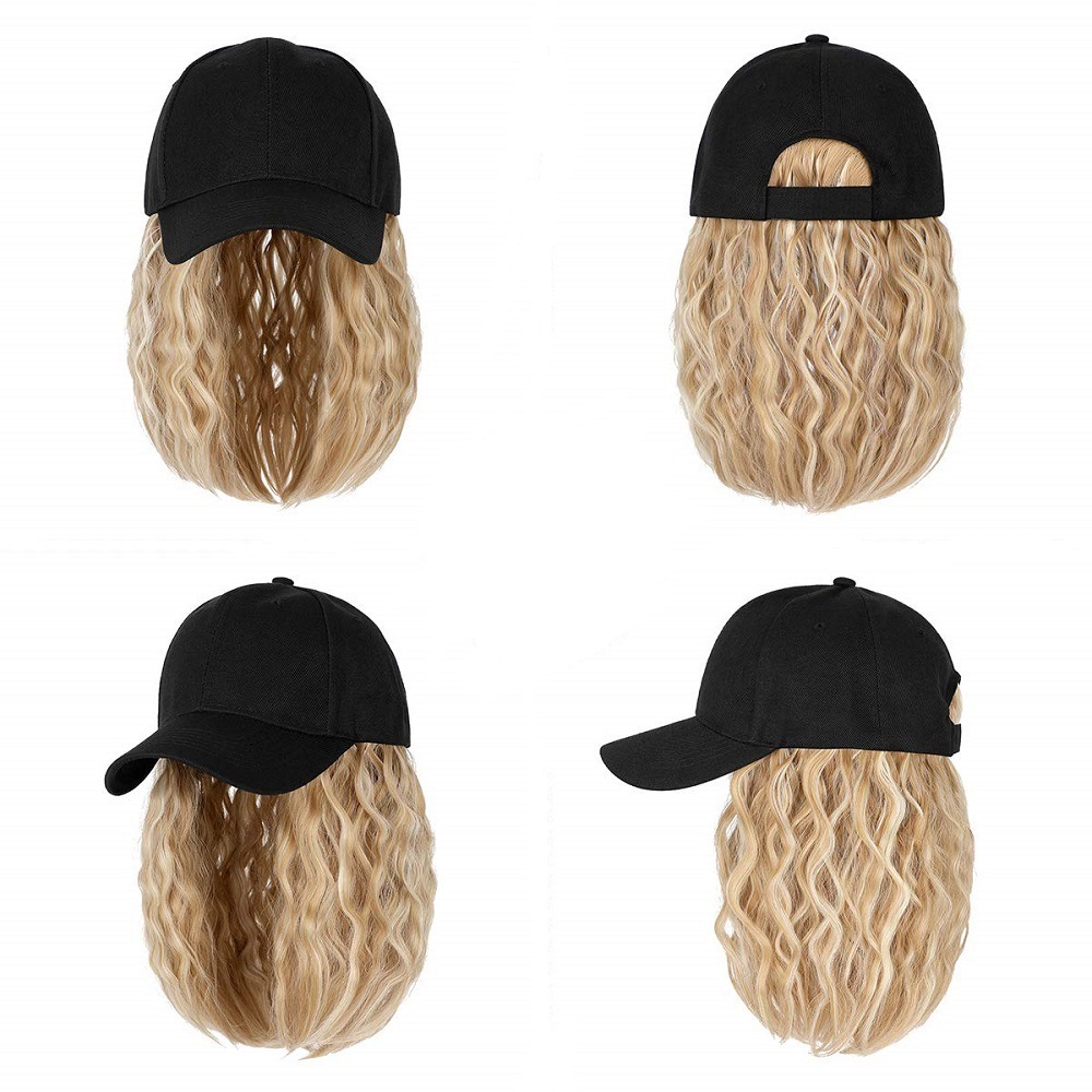 Pelucas de pelo ondulado rizado esponjoso sintético largo negro Difei con sombrero gorra de béisbol conectar naturalmente peluca de sombrero ajustable para mujeres