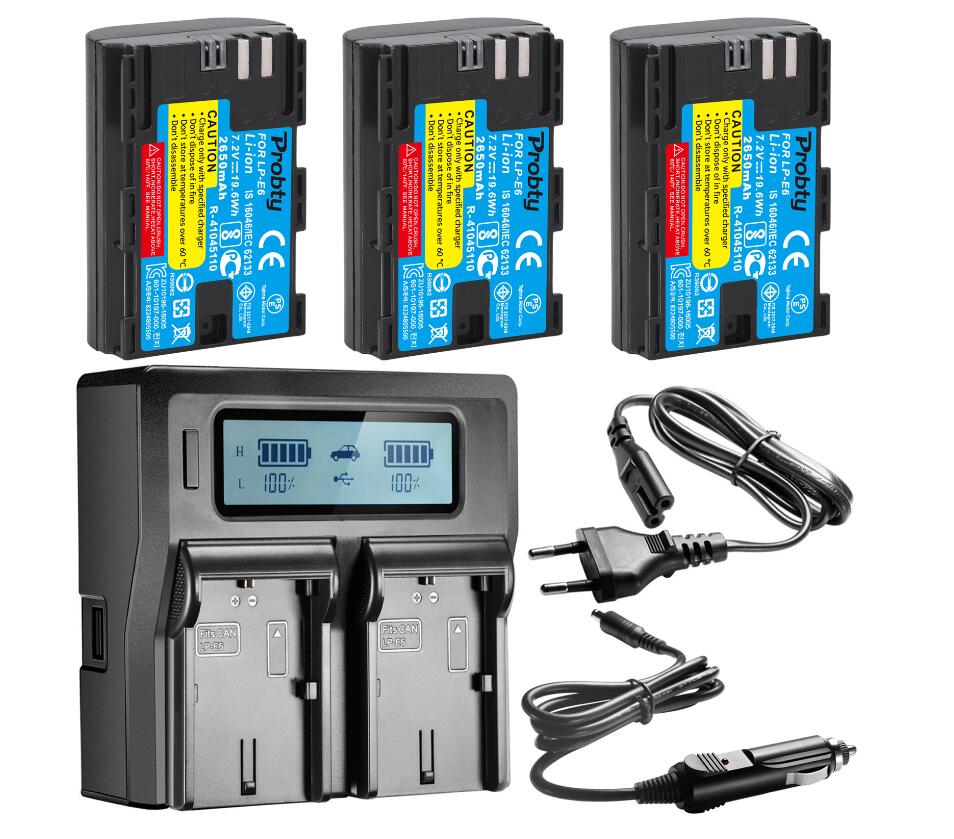Lp  e6 e6n lp -e6 lpe 6 batteri 2650 mah för canon 5d mark ii iii iv , 80d, 70d, 60d, 6d,  eos 5ds, 5 d 2, 5 d 3, 5 dsr , 5 d 4 kamera: 3 batterier med laddare