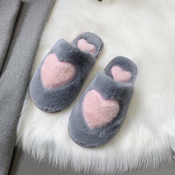 Cute Women Slippers Love Heart Cotton Winter Fur Slides Ladies Home Furry Slippers Warm House Indoor Non-slip Shoes: grey / 36-37