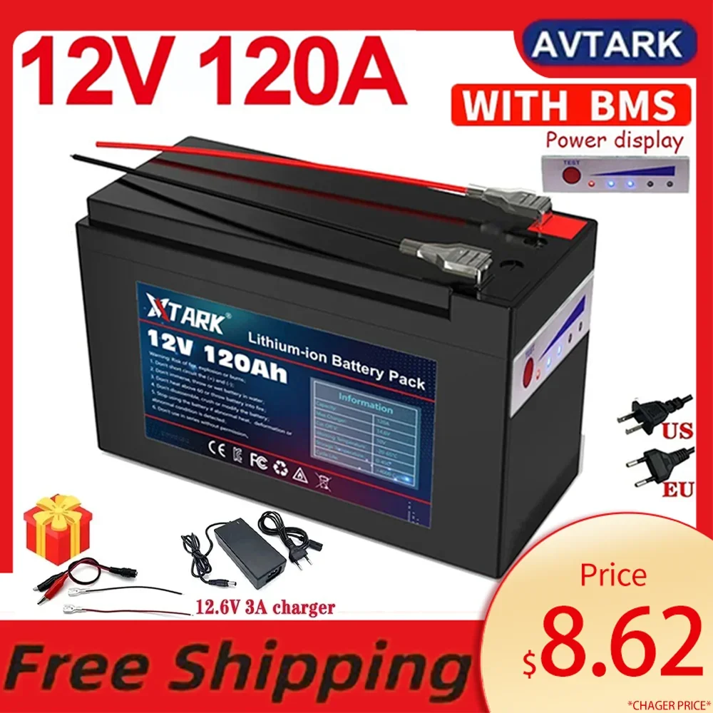 Upgraded LiFePO4 Lithium Battery 12V 120Ah Portable Rechargeable Battery Built-in Power display Port Charging