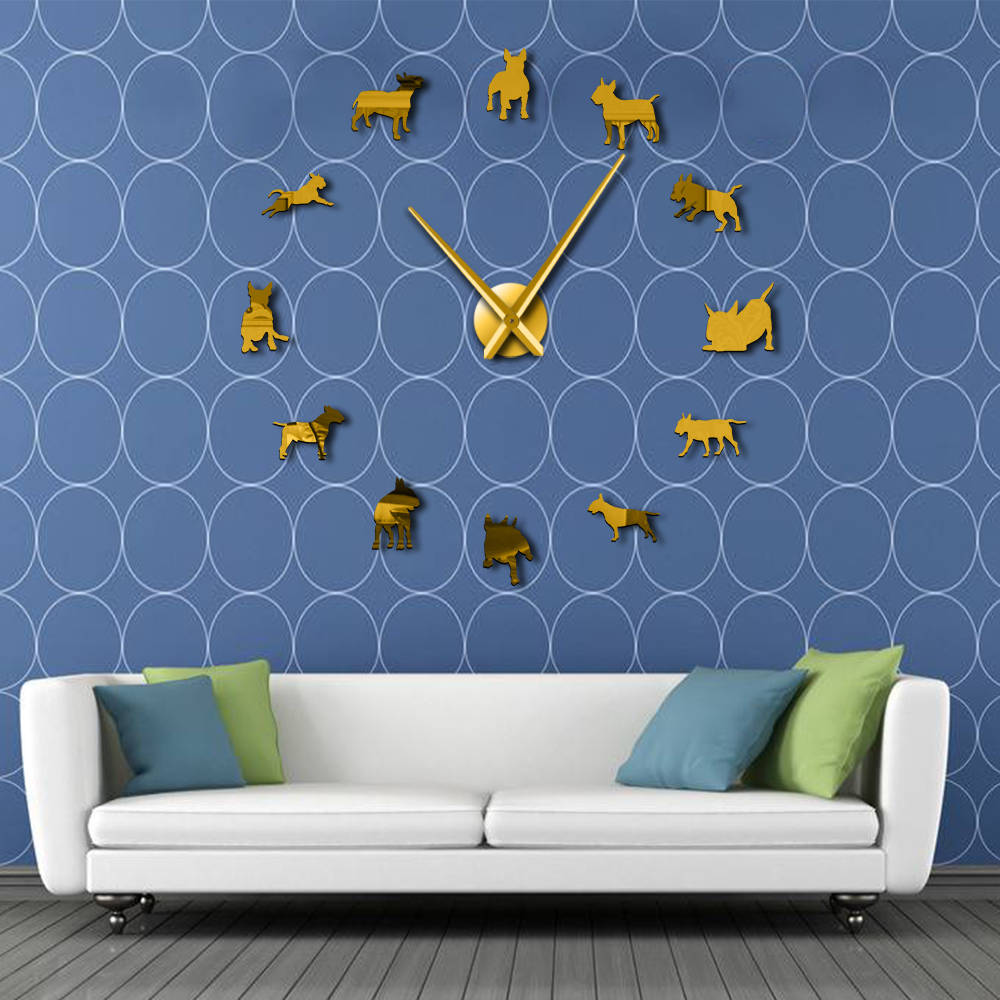 DIY Reloj de pared grande Bull Terrier perro Reloj de pared arte perro Pug aguja reloj decoración de tienda de mascotas para Bull Terrier amante
