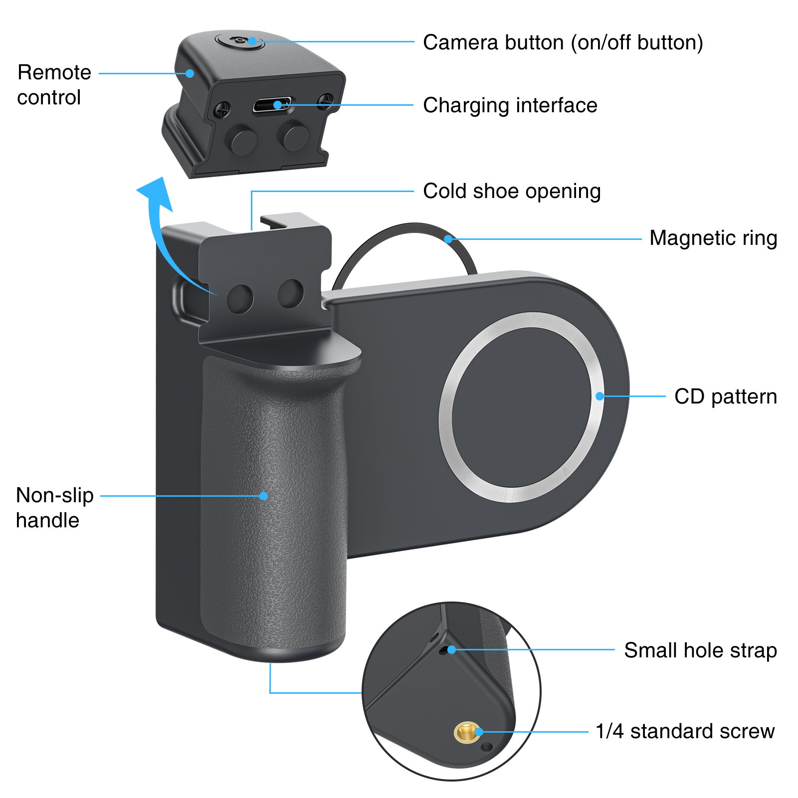 Snapgrip magnétique Bluetooth obturateur téléphone Capgrip portable Selfie Booster pour iPhone HUAWEI Xiaomi poignée avec anneau directe: Black