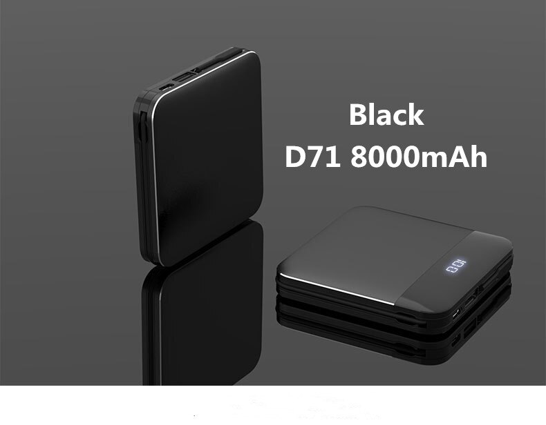 8000mAh Mini Power Bank 2.0A Quick Charge Power bank Dual-USB Portable Mirror Aluminium Fast Charging Mini External Battery: Black D71