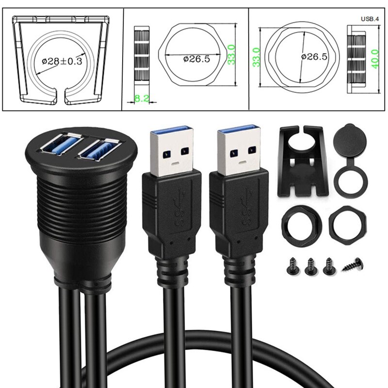 Car Dashboard Flush Mount USB Dock Adapter Dashboard Panel 3.0 Port Male to Female Cable Extension Cable for Motorcycle Boat