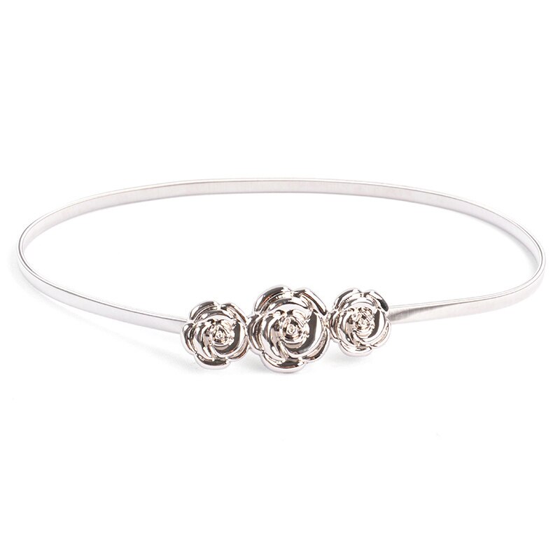Cinturón elástico de metal para mujer con forma de flor y hoja, Cinturón fino con forma de flor y hojas, para boda: style 1 silver