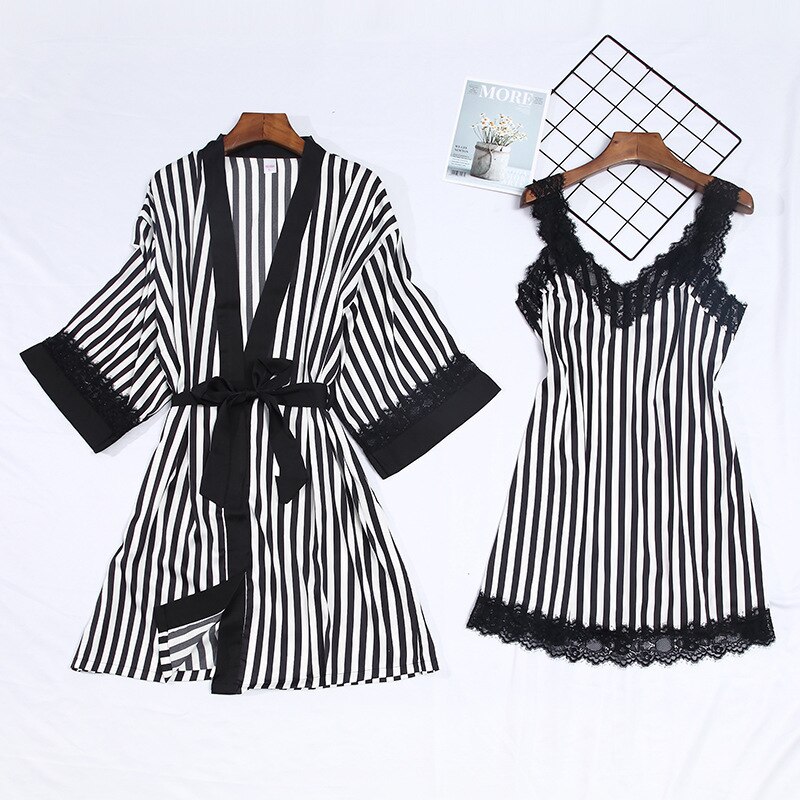 Camisón de seda con bata para mujer, conjunto de ropa de dormir de 2 piezas, de manga larga, para estar en casa