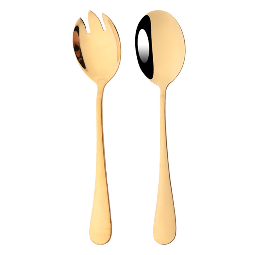 Black 2PCS Salad Spoon Fork Dinnerware Stainless Steel Tableware Cutlery Set Serving Spoon Set Colorful Unique Spoon Flatware: Gold