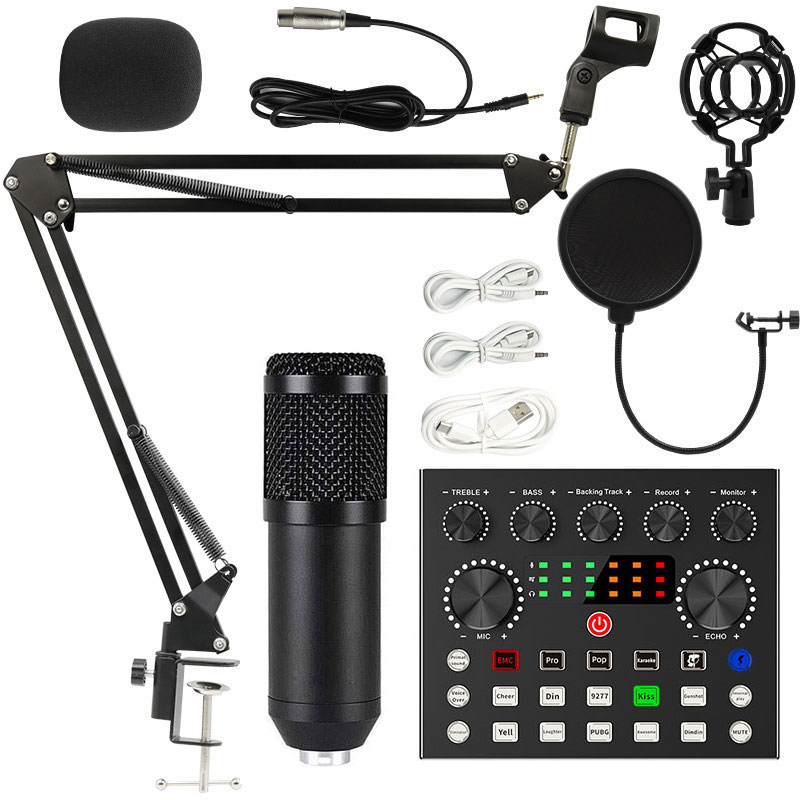 BM800 XlR Microfoon Gelede Arm V8 Live Geluidskaart Podcast BM 800 Condensor Professionele Studio Record Apparatuur Geluidskaart: Zilver