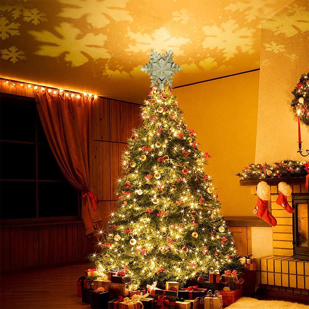 Christmas Tree Topper Lighted with White Snowflake Projector Rotating 3D Glitter Lighted Christmas Decorations for Tree
