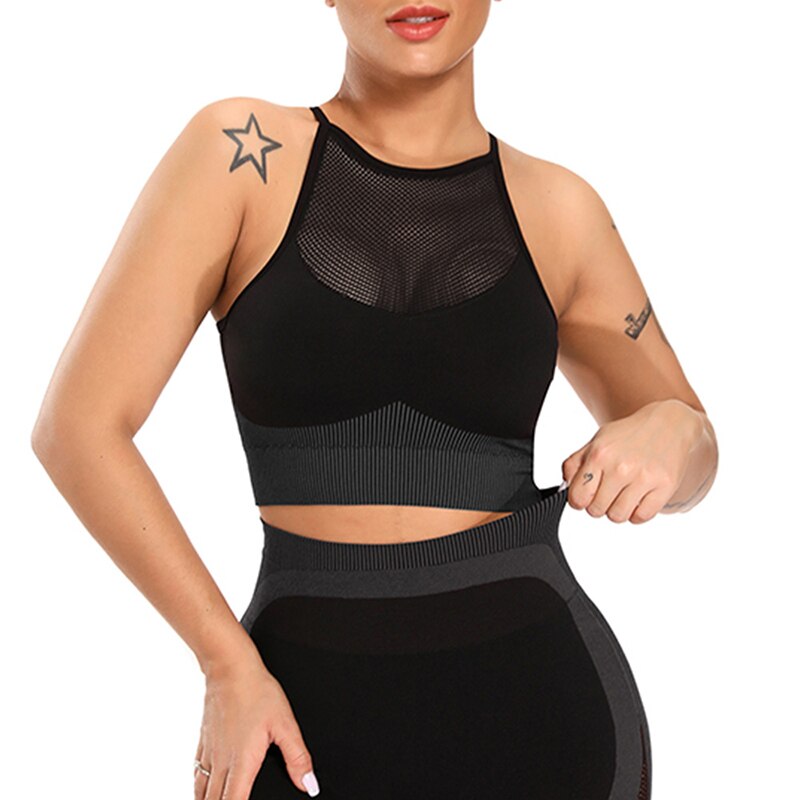 Sujetador Racerback deportivo con espalda en cruz para mujer, top de cobertura media, sin aro de metal, invisible, sensación de libertad, ideal para hacer deporte, yoga, ir a correr: Black grey bra / L