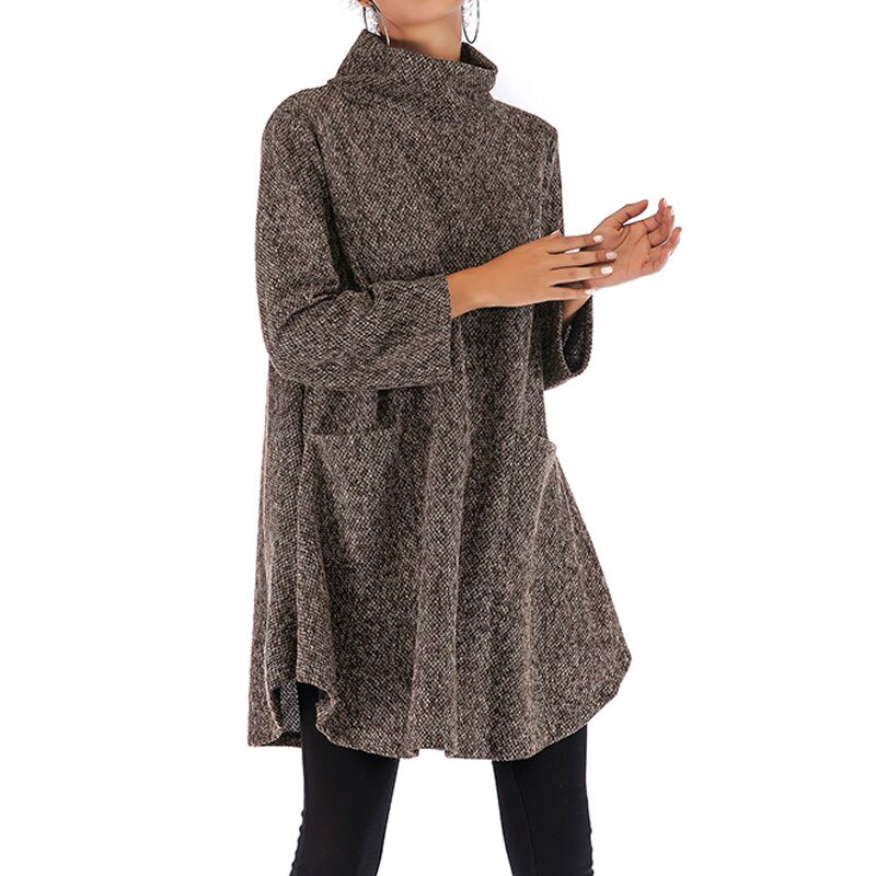 Vinter sweater kjole kvinder efterår rullekrave sweatere damer løse strikkede sweatre stribet højhalset sweater kvindekjole: Kaffe / L