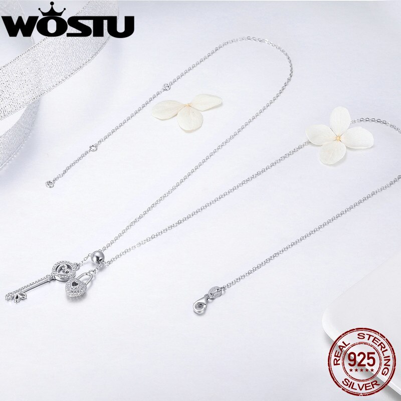 WOSTU Luxury 925 Sterling Silver The Key of Heart Lock Pendant Necklace For Women Girlfriend Wife Jewelry CQN290