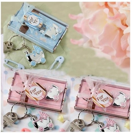 10 stk/parti pink/blå barnevogn nøgleringe fødselsdåb nøglering favor baby shower favoriserer souvenir