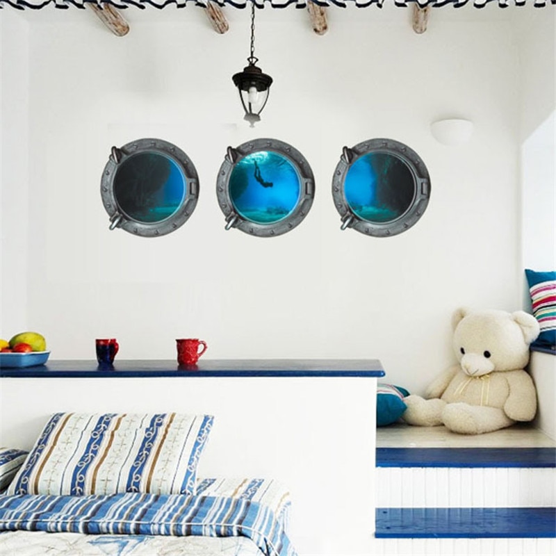 3D Simulation Window Wall Sticker Submarine Underwater World Scenery Steamship Marine Life Decal Decor Kids Room Mural
