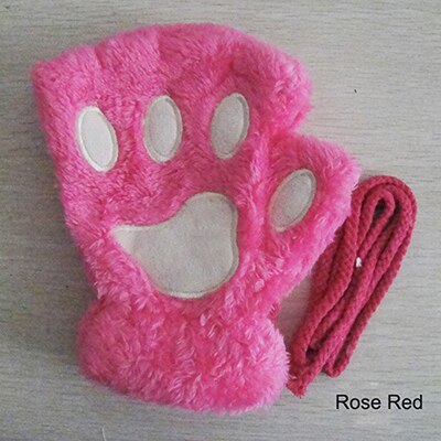 Kvinnor vinter varm katt-pad katt tasshandskar fingerlösa fluffig björn katt plysch tass tjejer cosplay handskar 1 par: Rosröd