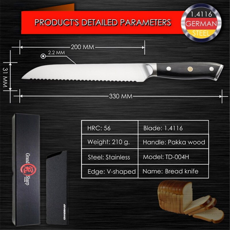 Ensemble de couteaux de Chef allemagne 1.4116 acier à haute teneur en carbone Santoku désossage couteau couperet japonais couteaux de cuisine outils de cuisine Grandshap: 8 Inch Bread