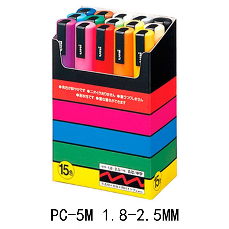 UNI POSCA – Rotulador artístico al óleo con cabeza redonda para publicidad, marcador pluma para pintura de grafitti, PC-1M PC-3M PC-5M PC-8K PC-17K, POP: PC-5M 15 colors