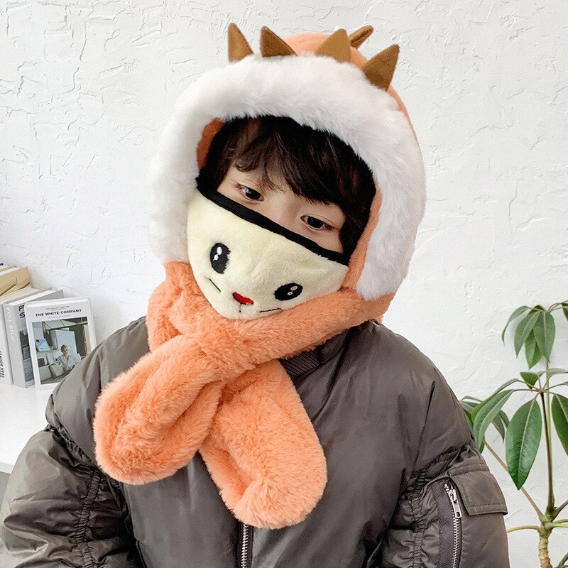Kindersjaal een muts herfst winter koreaanse versie imitatie konijnenbont babymeisjes warme muts pluche dinosaurussenoren capuchonsjaal: Dinosaurus oranje