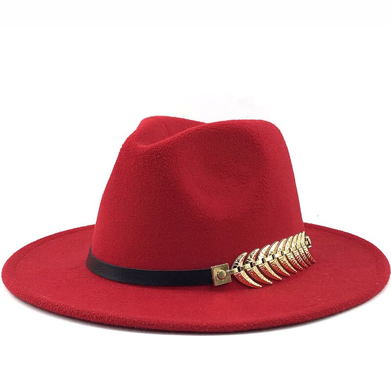 Female Jazz Hat Fashionable Metal Leaf Jazz Hat Woolen Winter Fedora Hat for Women: Red