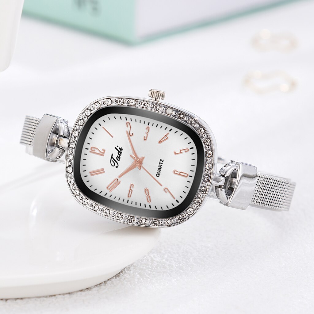 Reloj de pulsera con correa de malla plateada para Mujer, pulsera con esfera de diamante,
