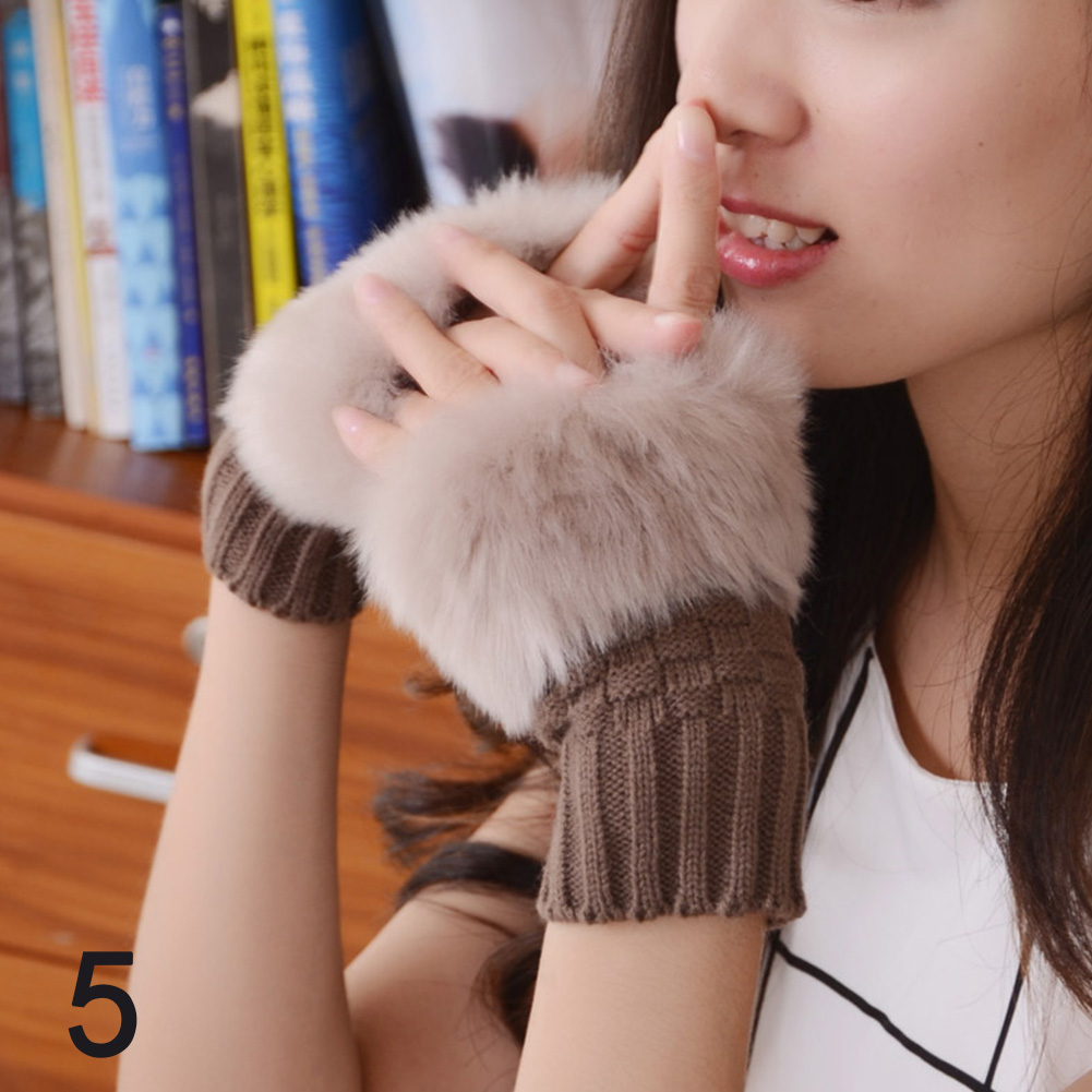 Gants d&#39;hiver en fausse fourrure de lapin pour femme, couleur unie, couvre les manches, plus , sans doigts, tricoté, mitaine, à la: 5
