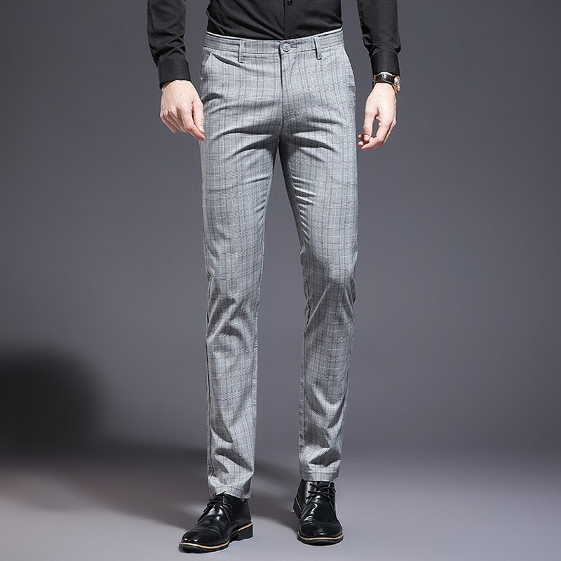 Alta qualidade dos homens calças formais moda streetwear xadrez terno calças masculino fino ajuste casual senhores calças de escritório todos os jogos 34