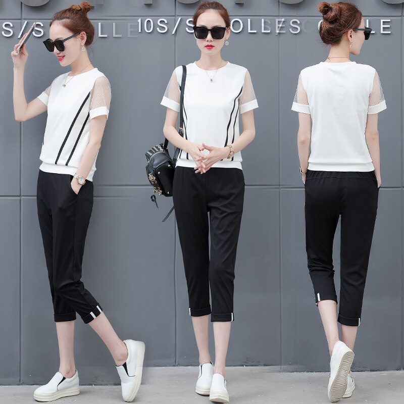 Set Korean loose sweatshirt & capris big yards leisure summer two-piece clothing set women outfit white black