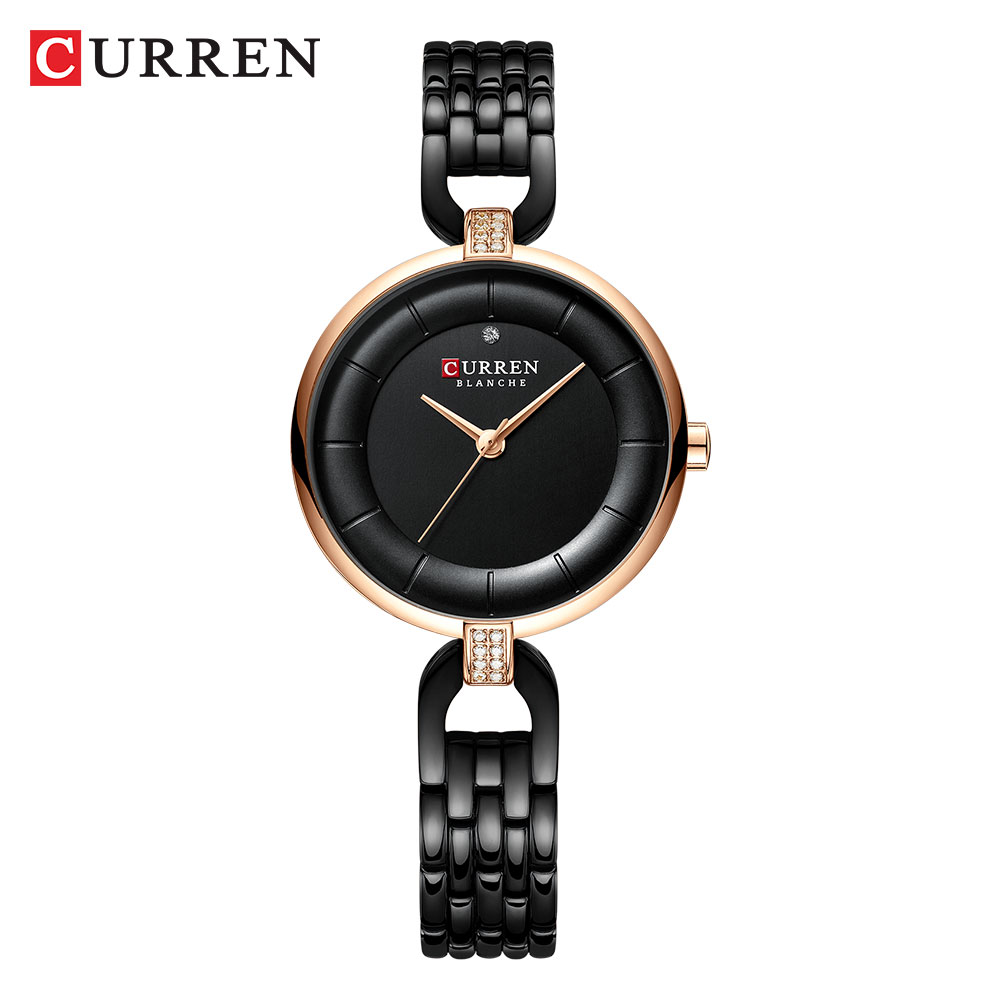 Luxe CURREN Simple Casual Quartz Horloges Vrouwen Zilveren Jurk Horloge Vrouwelijke Klok Dames Horloge met Roestvrij Staal: black watch