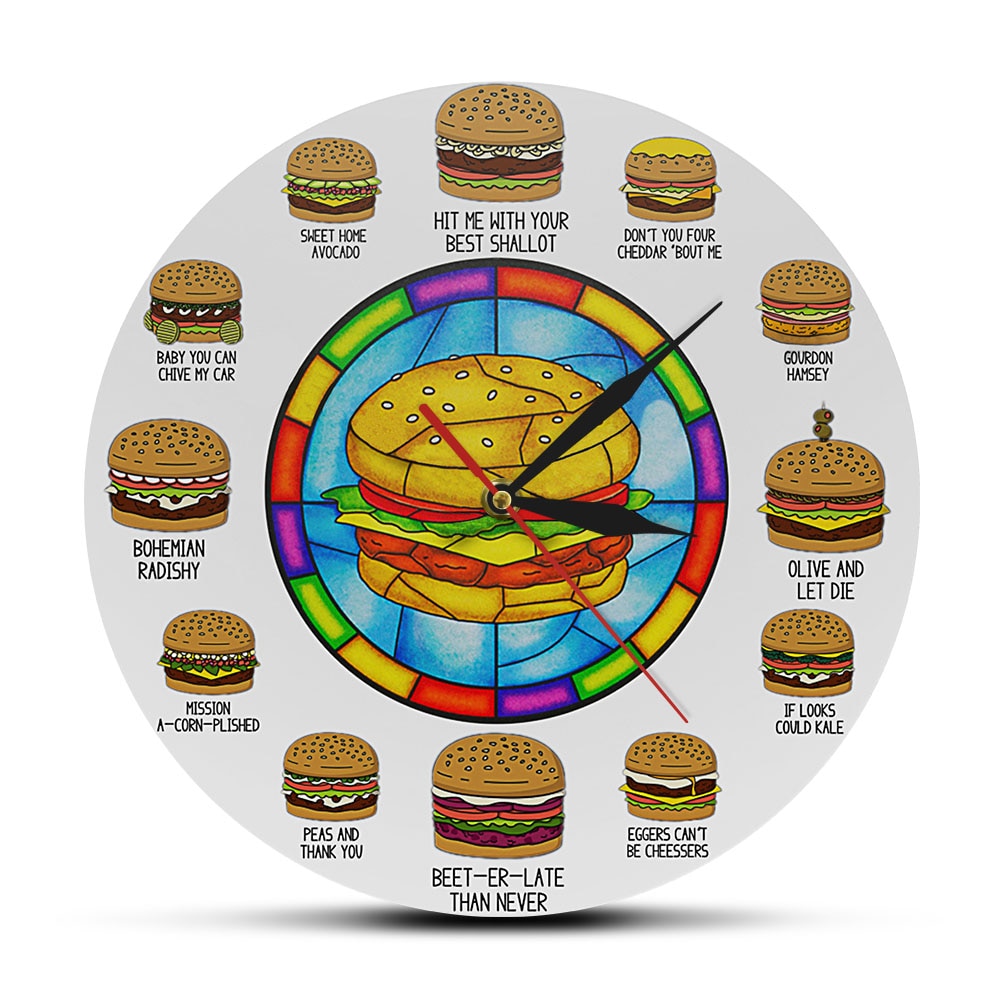 Burger ordspil hamburger baseret hilaritet sjov vægur ur ordboller burger butik indretning fastfood forretning tegn væg kunst stille ur: Ingen ramme