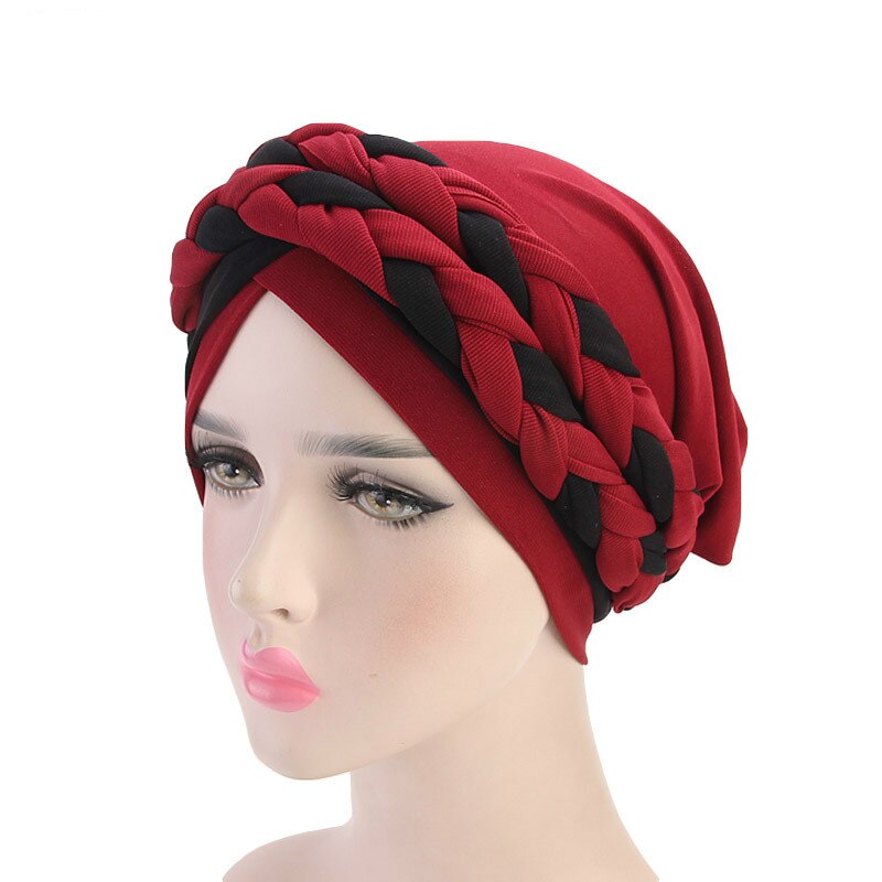 Musulman Double couleur tresses Stretch Turban à volants cheveux chapeaux Beanie Bandanas foulard Turban chapeaux pour les femmes 08: 7