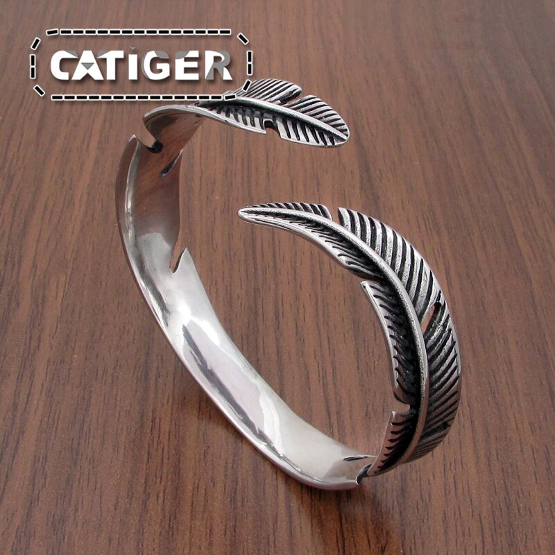 Brazalete abierto Vintage con forma de pluma de acero inoxidable 316L para hombre o mujer, joyería de Rock de estilo clásico Retro