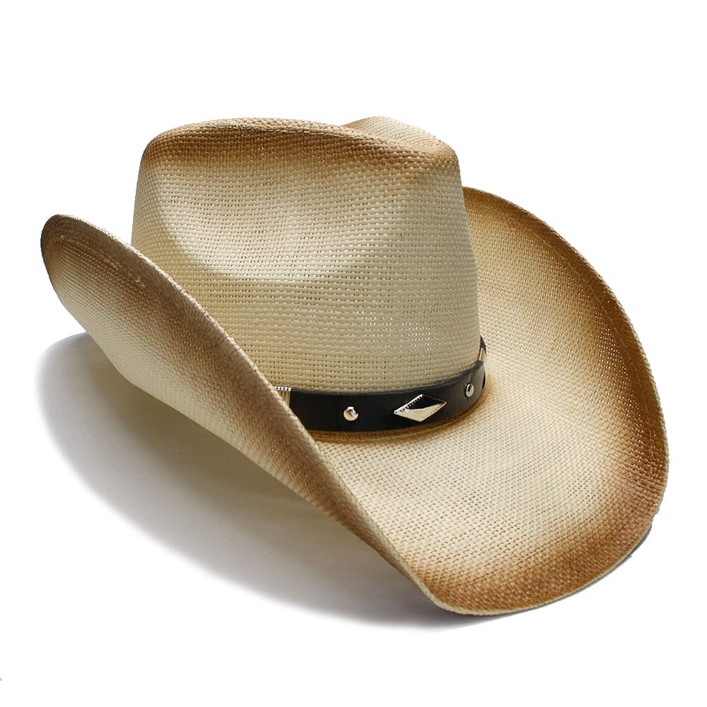 Retrostil dam herr sommar halm bred brätte strand cowboy western cowgirl fedora hatt diamantform läderband 58cm