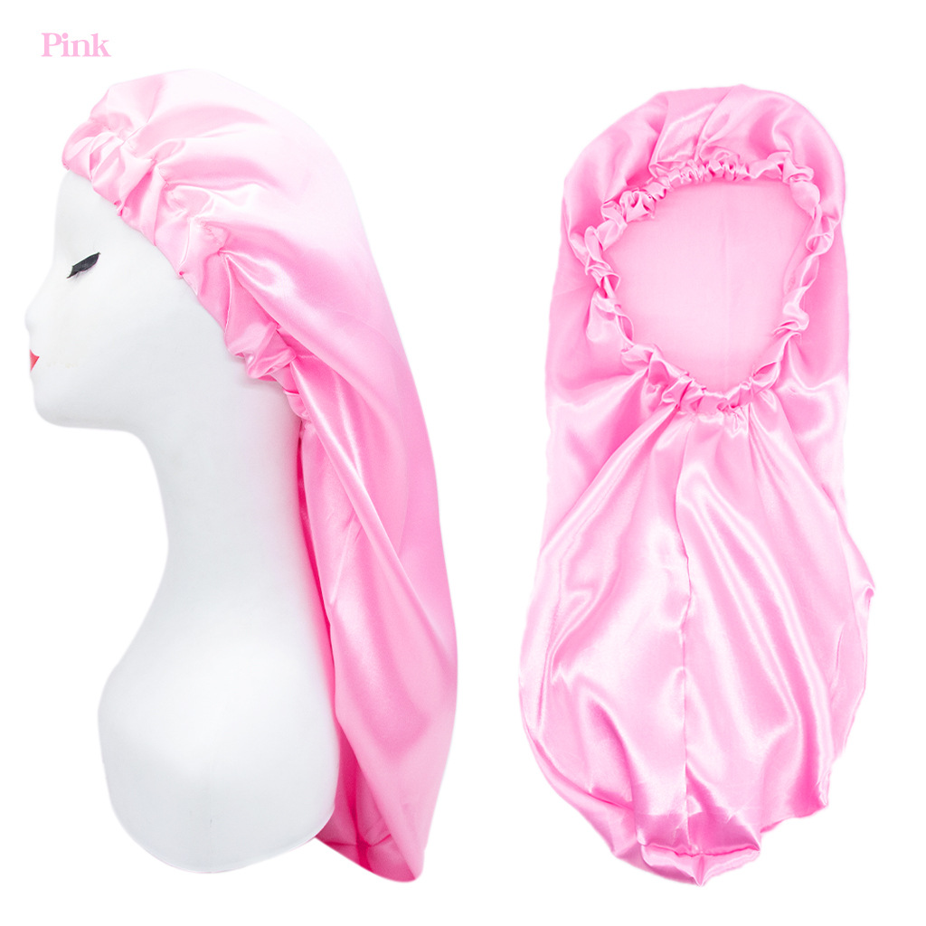 Lang satenghatt sovehette silke sovehette med bred strikk løs nattlue for kvinner fletter krøllete hår naturlig hår: Rosa