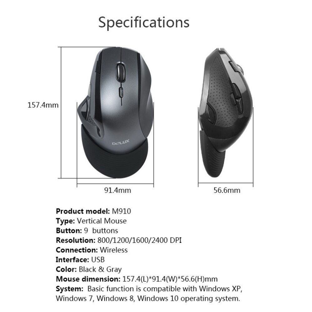 Delux M910 Wireless Vertical Mouse Ergonomic 2.4G 800/1200/1600/2400 DPI Adjustable 9 Buttons with Removable Palm Rest For PC