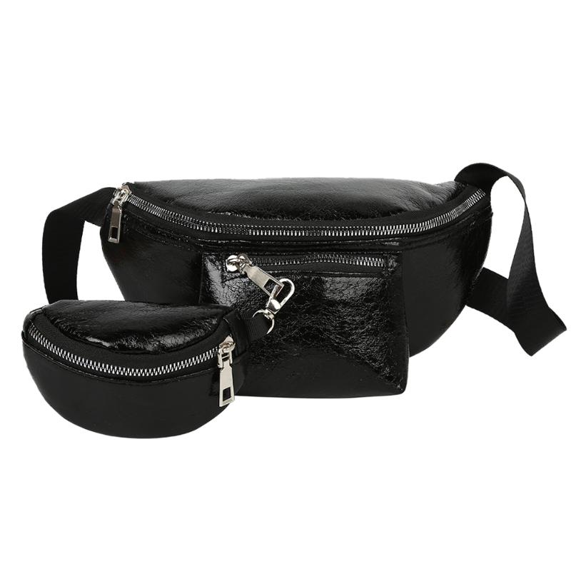 2 Stuks Mode Lederen Vrouwen Fanny Borst Riem Bag Hoge Capaciteit Retro Toevallige Schouder Crossbody Barsten Patroon Pack: Black