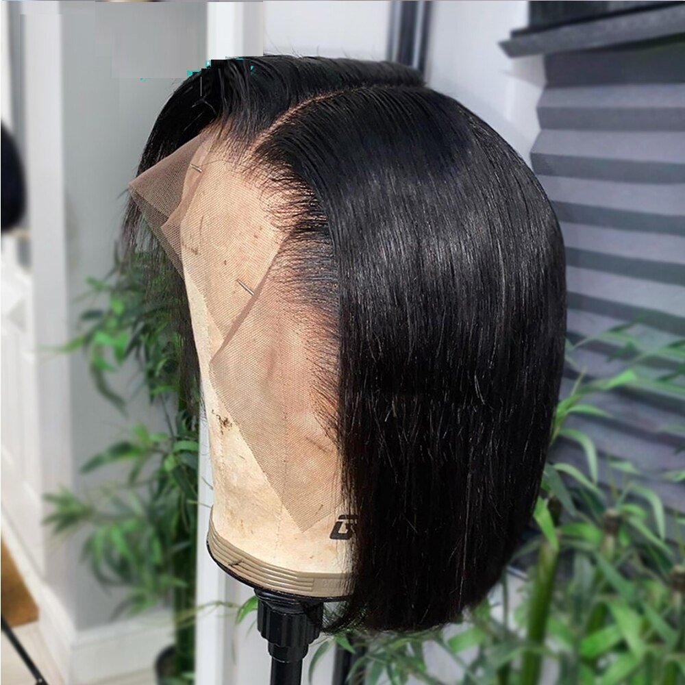 Sedoso recto Bob corto negro Natural Sintético peluca con malla frontal para las mujeres negras con bebé Cosplay del pelo Peluca de trama de máquina peluca