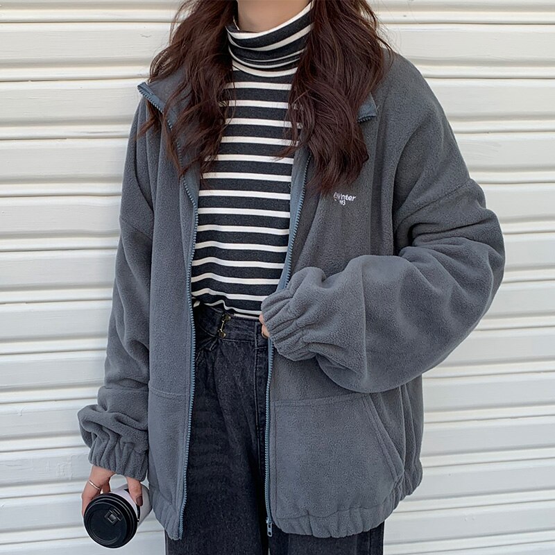 Hættetrøjer kvinder lynlås-nedslået krave trykt lomme langærmet koreansk stil trendy afslappet bf ulzzang harajuku kvinders dagligt